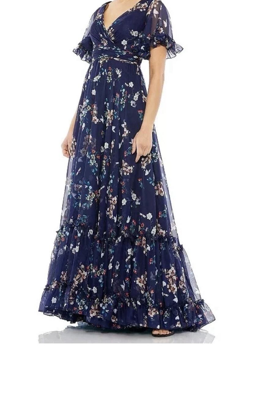 Mac Duggal Flounce Sleeve Floral Maxi Dress Multi Navy Size 14
